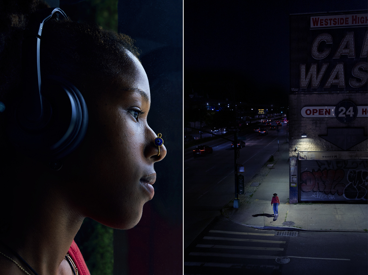 Vertical diptych of a young adult Black female wearing headphones in profile next to same subject from  far away on her skateboard under a  streetlight on  a desolate NYC street corner