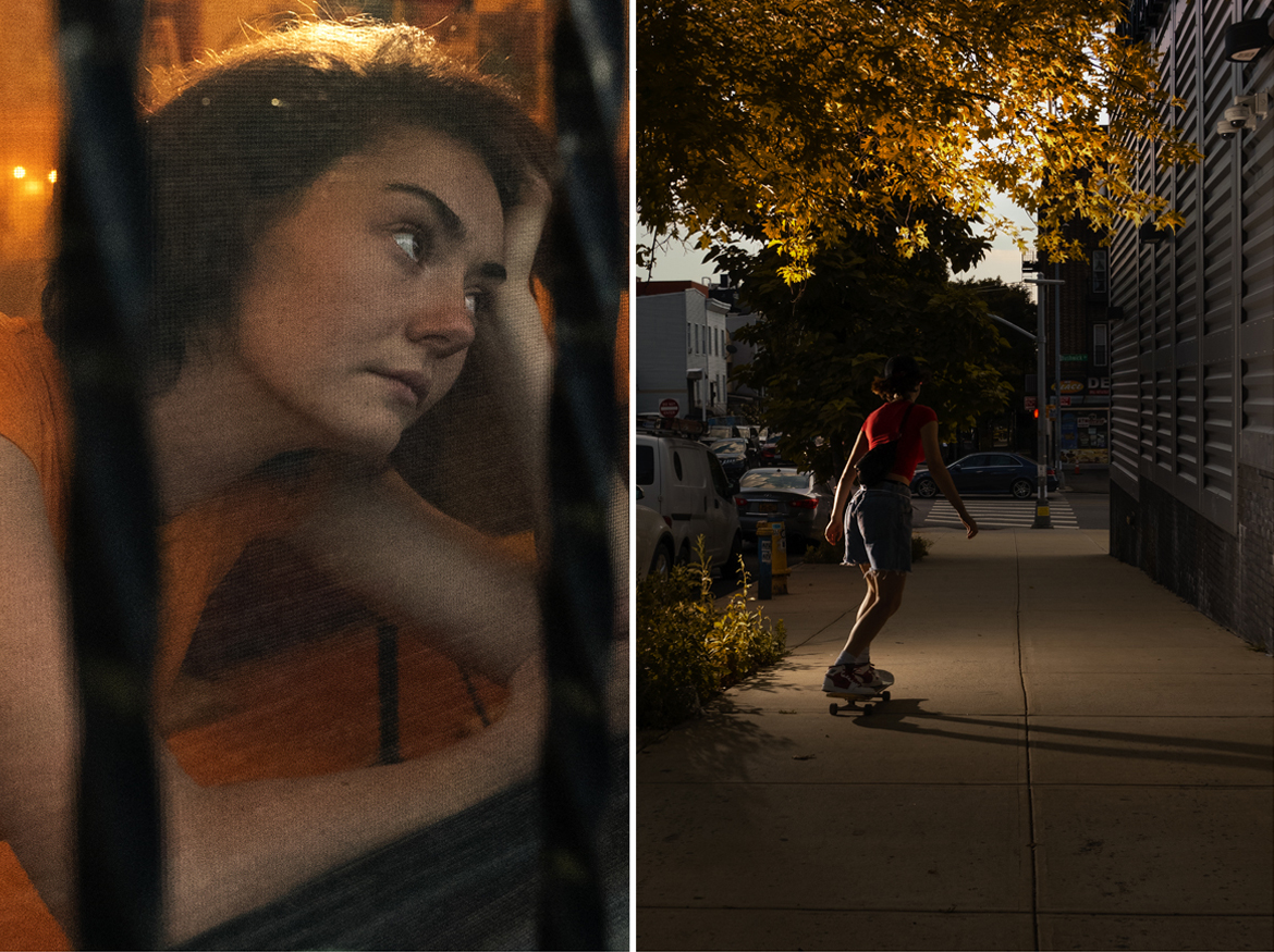 vertical diptych,  a slim young adult Caucasian female with shoulder-length auburn hair looks out a window. Next to this photo is a photo of the same female in a wide shot facing away from the camera, while standing on a skateboard with one foot and pushing with her other foot on a sidewalk under a tree with yellow leaves
