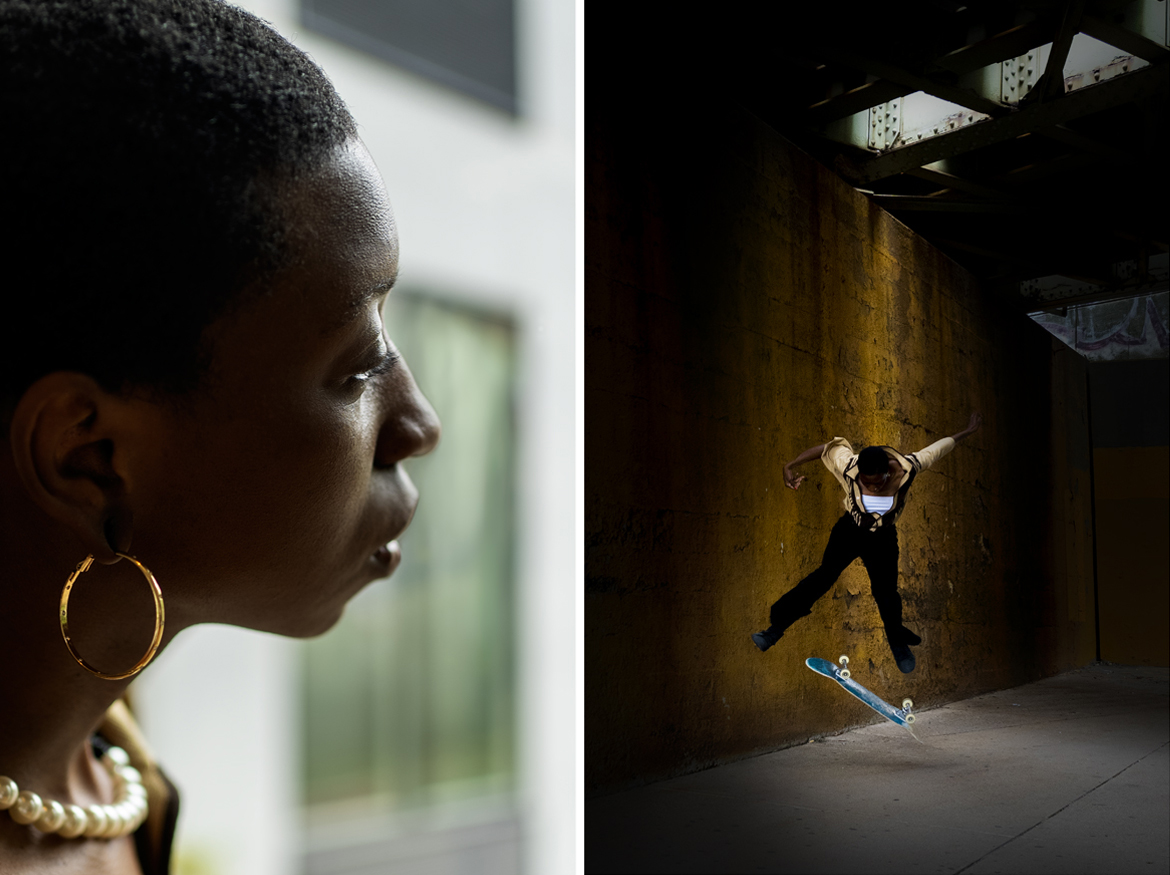 vertical diptych,  a slim young adult Black female with short hair is seen in a close-up profile. Next to this photo is a photo of the same female in a wide shot jumping off her skateboard under a dark bridge  with a shaft of light on a yellow wall